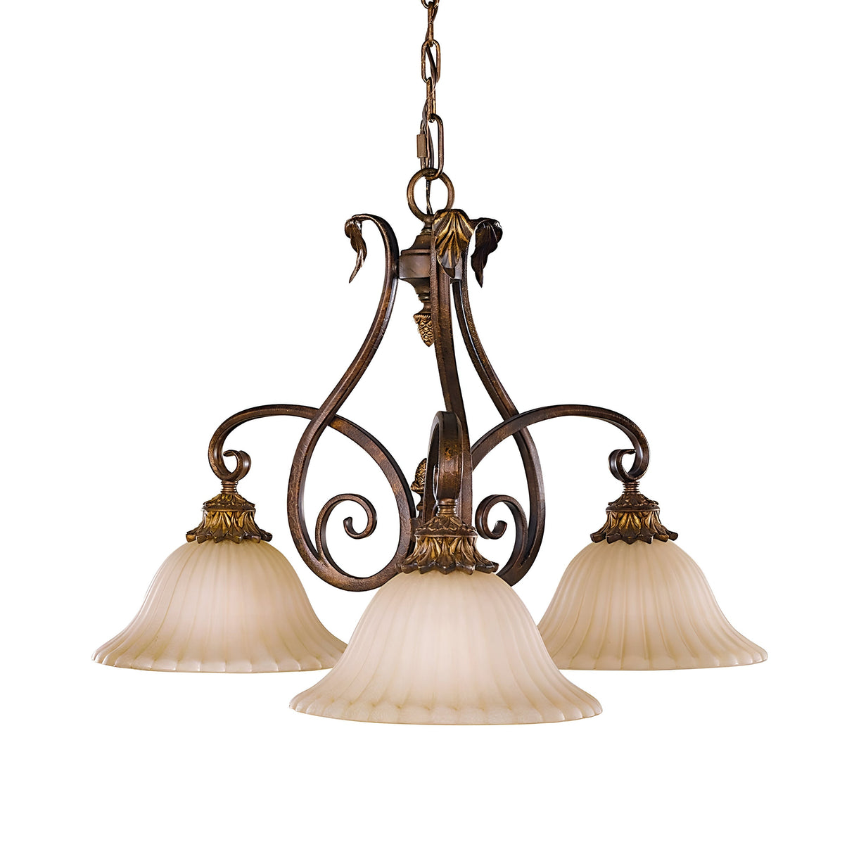 Introducing the Sonoma Valley 3 Light Chandelier in Cream/Bronze, featuring an ornate bronze metal frame with intricate scrollwork and three frosted glass shades. This decorative piece hangs elegantly from a chain and is adorned with delicate leaf accents, capturing the rustic elegance and charm reminiscent of French Country antiques.