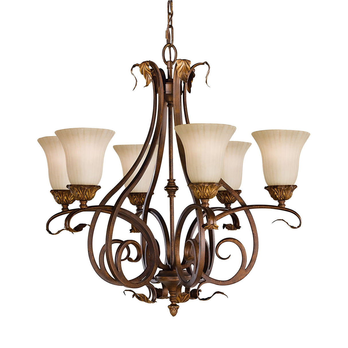 The Sonoma Valley 6 Light Chandelier in Cream/Bronze is a decorative piece featuring six vintage-style lamps, each adorned with opal glass shades. Its ornate bronze metal frame is embellished with intricate scrollwork and leaf details, capturing the essence of French Country antiques.
