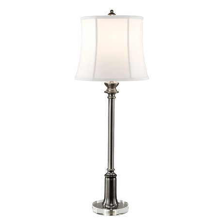 Introducing the Stateroom 1 Light Buffet Lamp in Antique Nickel, featuring a timeless design with a True White cotton linen shade. The lamp, when turned off, rests gracefully on a minimalist round base, embodying elegance and tradition.