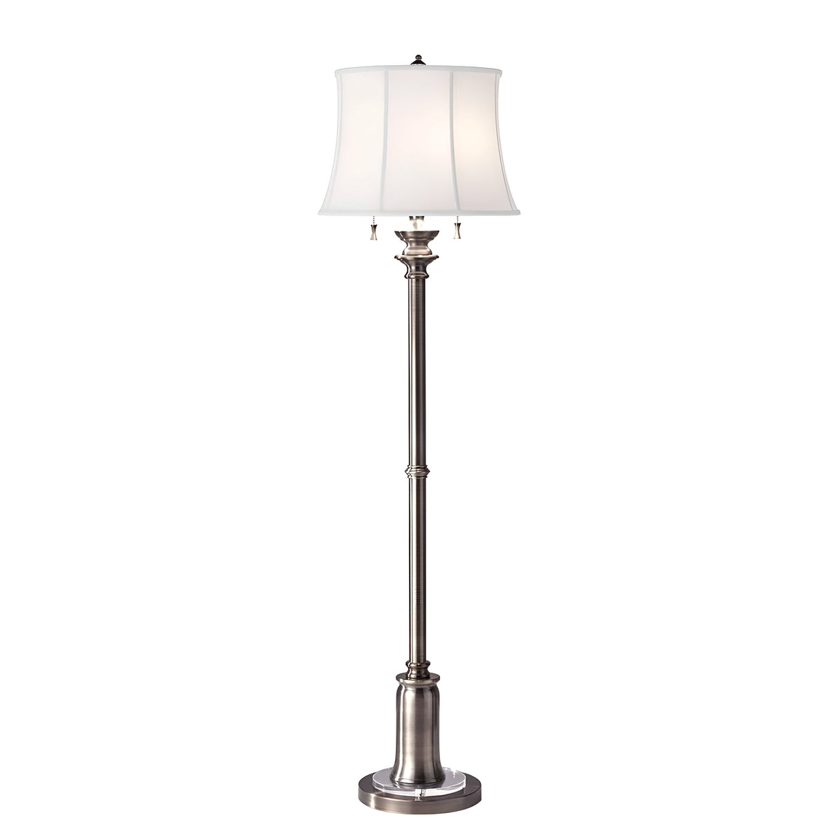 Introducing the Stateroom 2 Light Floor Lamp in Antique Nickel, showcasing a tall, elegant stand. Its true white cotton linen shade adds classic sophistication, making it ideal for both home and office décor.