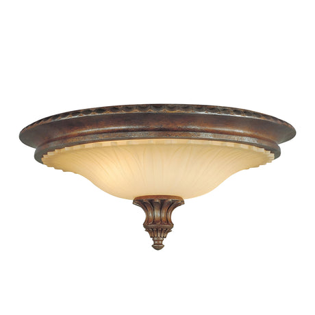 The Stirling Castle 2 Light Flush in bronze is a decorative ceiling light fixture with an ornate design. It features a warm frosted glass bowl shade, complemented by Gothic arch metalwork around the base.