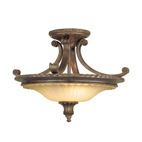 The Stirling Castle 2 Light Semi Flush - Bronze is a vintage-style ceiling light fixture featuring elegant, curved metal arms with ornate bronze detailing and a frosted glass shade reminiscent of medieval torches, evoking a classic and sophisticated look inspired by the lights of Stirling Castle.