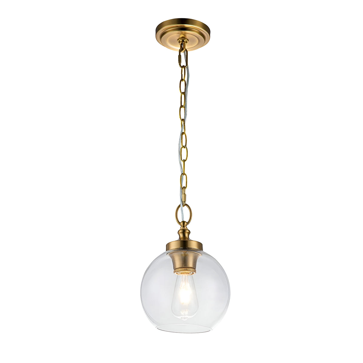 The Tabby 1 Light Mini Pendant in Burnished Brass boasts a sleek design with a burnished brass chain and fixture, complemented by a clear glass globe that showcases an exposed bulb. This elegant piece highlights minimalist style and provides a modern aesthetic.