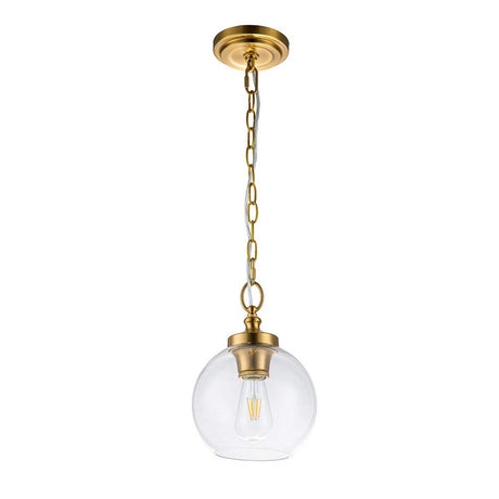 Introducing the Tabby 1 Light Mini Pendant in Burnished Brass, featuring a contemporary design with a clear glass globe shade. It suspends from a brass chain, showcasing an exposed filament bulb that enhances its minimalist aesthetic. This pendant light offers simplicity and elegance, making it ideal for various interior styles.