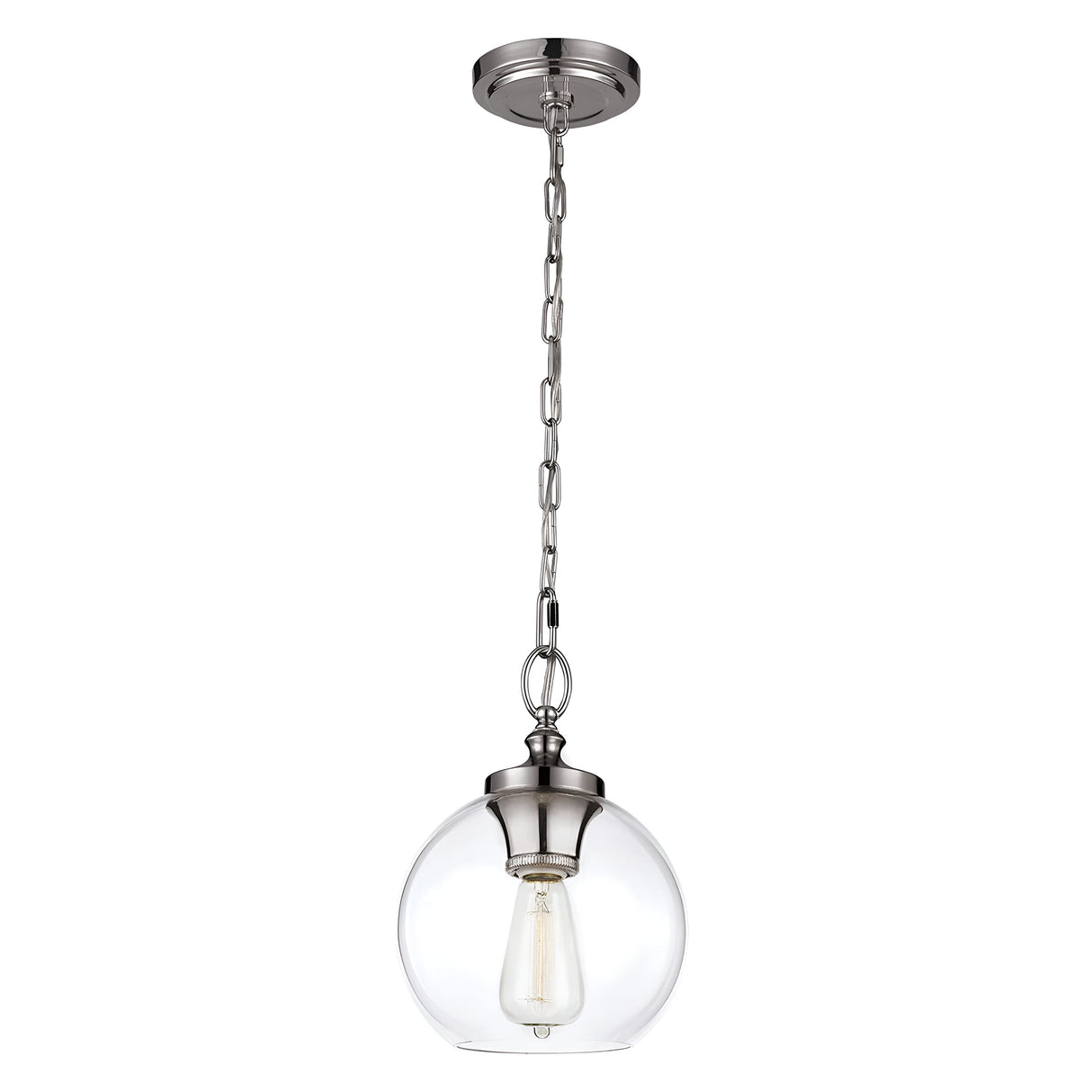 Introducing the Tabby 1 Light Mini Pendant in Polished Nickel, featuring a clear glass globe that reveals a visible bulb inside. This modern piece is elegantly suspended from a silver chain, offering a sophisticated and minimalist design.