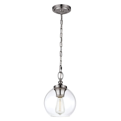 Introducing the Tabby 1 Light Mini Pendant in Polished Nickel, featuring a clear glass globe that reveals a visible bulb inside. This modern piece is elegantly suspended from a silver chain, offering a sophisticated and minimalist design.