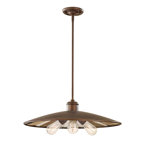 The Urban Renewal 3 Light Large Pendant in bronze showcases a wide, flat shade with three exposed Edison bulbs underneath, creating a vintage charm while hanging from the ceiling fixture.