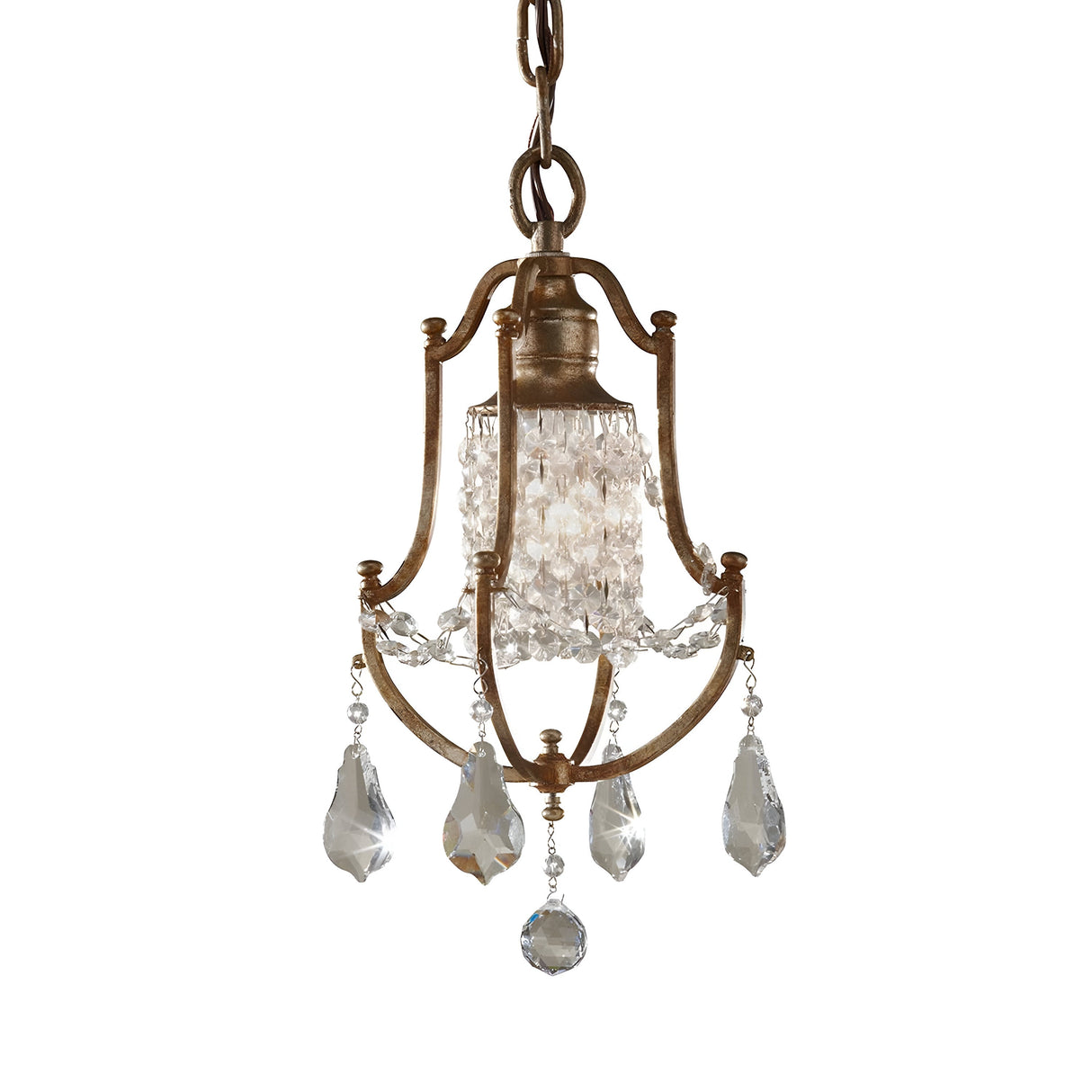 The Valentina 1 Light Mini Pendant in Oxidized Bronze displays a vintage elegance with its single-bulb design, enhanced by a central crystal bobeche and teardrop-shaped crystal pendants. The oxidized bronze finish adds a touch of classic style, highlighting the intricate detailing on its metal frame.