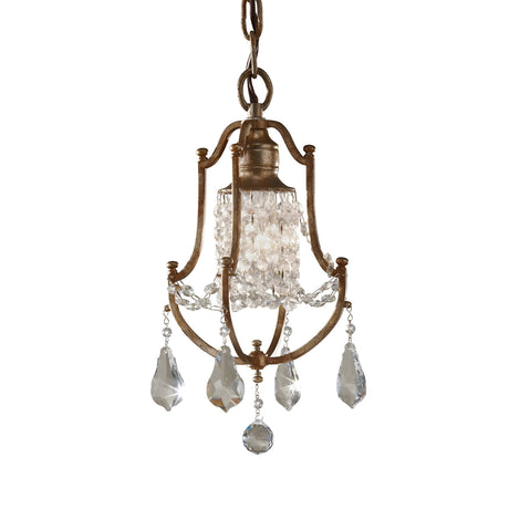 The Valentina 1 Light Mini Pendant in Oxidized Bronze displays a vintage elegance with its single-bulb design, enhanced by a central crystal bobeche and teardrop-shaped crystal pendants. The oxidized bronze finish adds a touch of classic style, highlighting the intricate detailing on its metal frame.