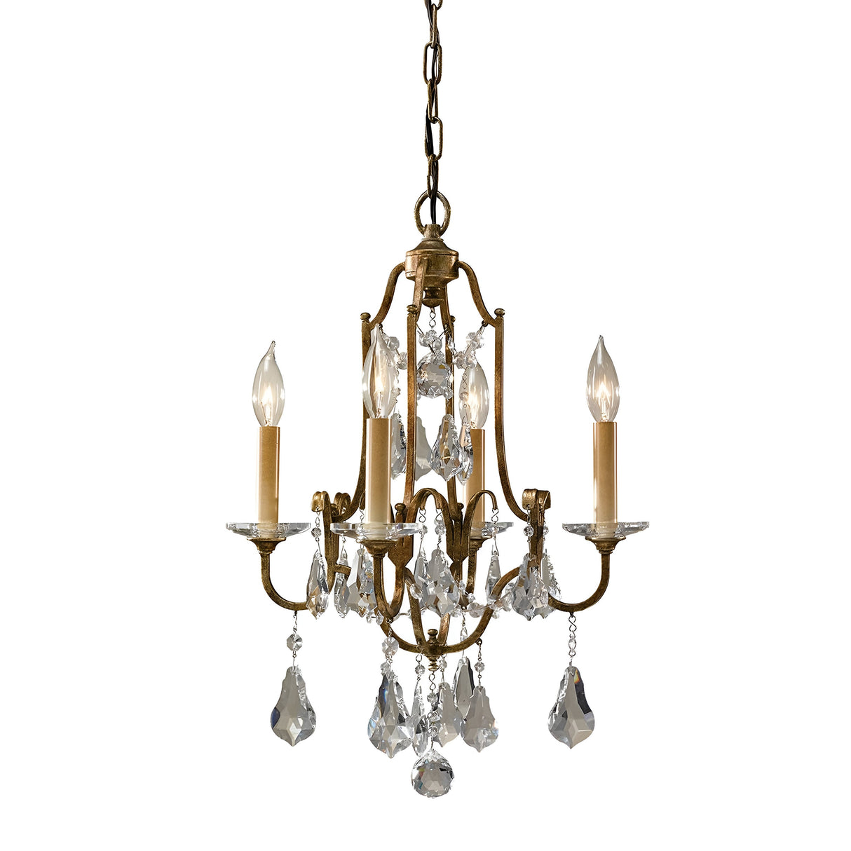 The Valentina 4 Light Chandelier - Oxidized Bronze showcases an oxidized bronze metal frame with four candle-shaped lights. It is enhanced with clear crystal bobeches and hanging pendants, complete with decorative chains for an elegant suspension.