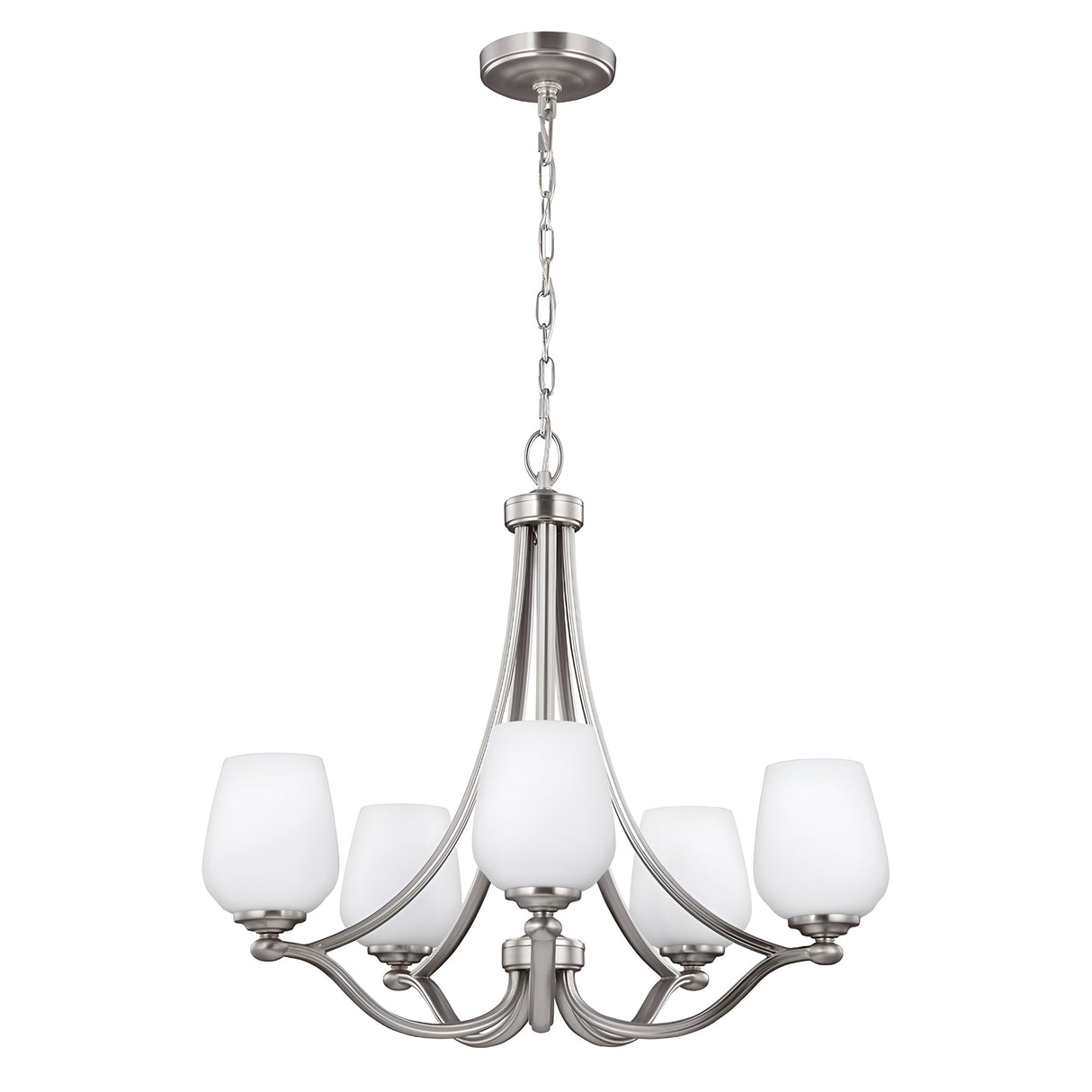 The Vintner 5 Light Chandelier - Satin Nickel features a modern design with a sleek satin nickel finish and five gracefully curved arms, each supporting an opal etched glass shade. A linked chain attaches the fixture to a round base, adding an elegant centerpiece to any space.