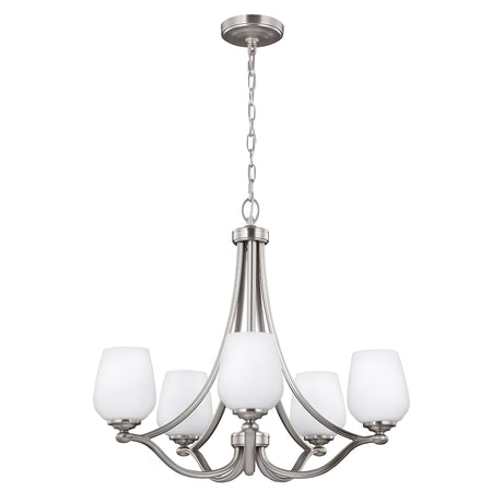 The Vintner 5 Light Chandelier - Satin Nickel features a modern design with a sleek satin nickel finish and five gracefully curved arms, each supporting an opal etched glass shade. A linked chain attaches the fixture to a round base, adding an elegant centerpiece to any space.