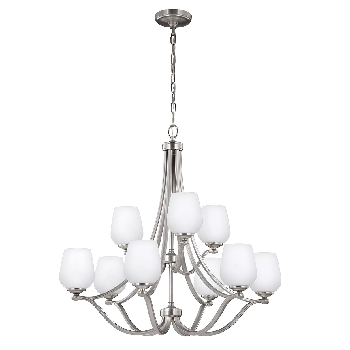 The Vintner 9 Light Chandelier in a satin nickel finish features eight opal etched glass shades, stylishly arranged in two tiers. The fixture hangs from a chain, highlighting its sleek, curved design.