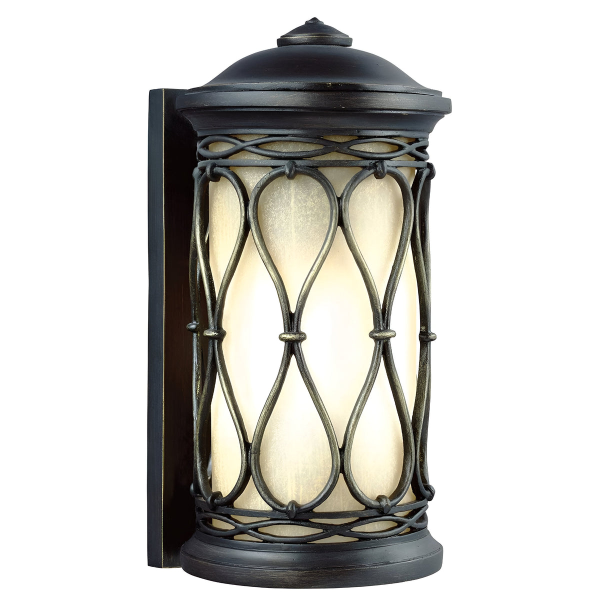 The Wellfleet 1 Light Outdoor Wall Lantern in Aged Bronze is a decorative outdoor lighting fixture featuring a cylindrical frosted glass shade encased in an intricate black metal lattice design, mounted on a rectangular backplate. This contemporary piece is enhanced with polished chrome accents and emits a soft white glow when lit.