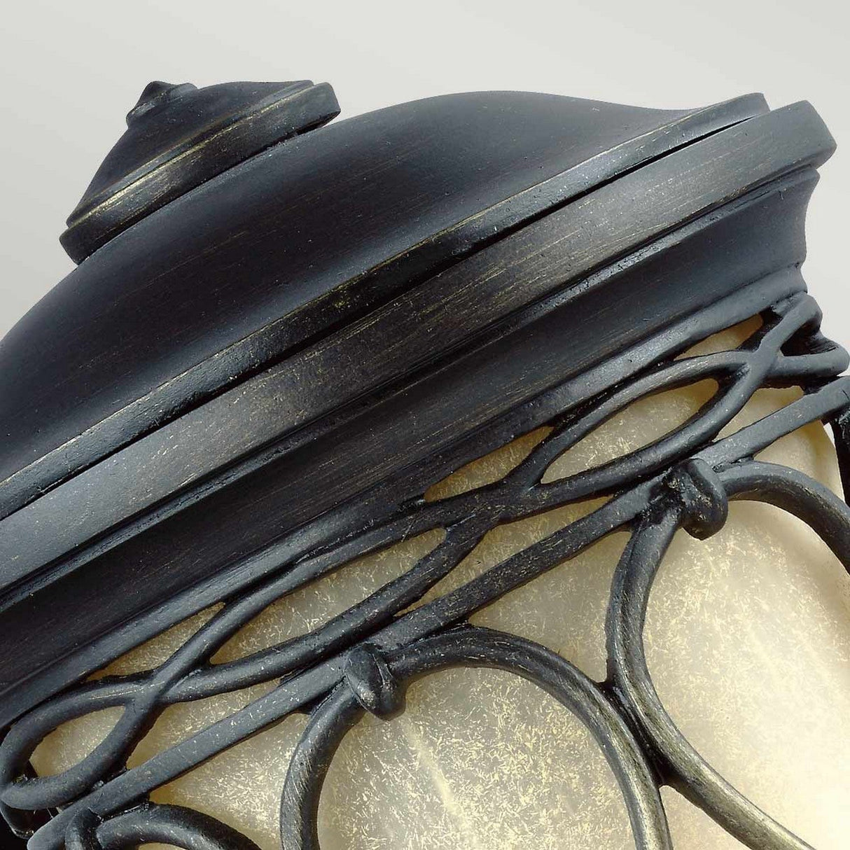 A close-up of the Wellfleet 1 Light Outdoor Wall Lantern showcases its black metal frame and frosted glass. Intricate metalwork loops envelop the glass, completed with a domed top. The aged bronze finish enhances its rustic charm, effortlessly merging vintage allure with contemporary design elements.