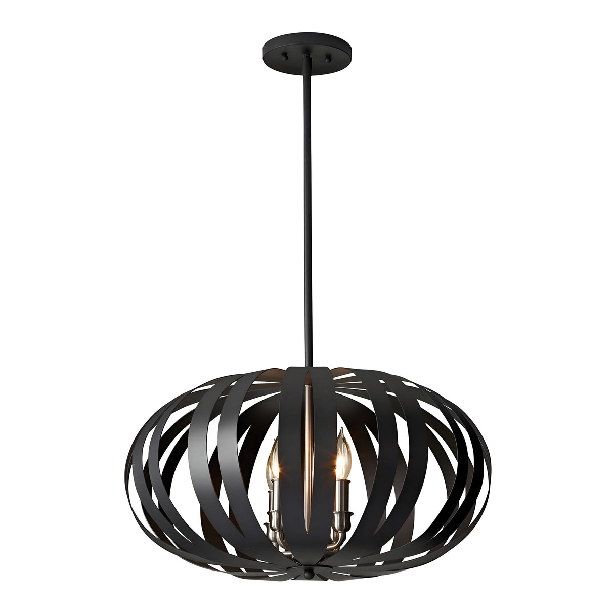 The Woodstock 4 Light Medium Chandelier - Black impresses with a sophisticated design featuring a textured black finish and interwoven curved strips that create a spherical shape. Inside, four candle-style bulbs are exquisitely displayed, hanging gracefully from an adjustable central rod for ideal positioning.