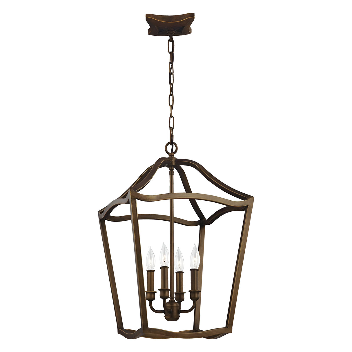 The Yarmouth 4 Light Chandelier - Painted Aged Brass showcases a lantern-style design with four candle-shaped bulbs hanging from a chain. Its classic frame, finished in aged brass with gracefully curved edges, brings an elegant and vintage charm to any room.