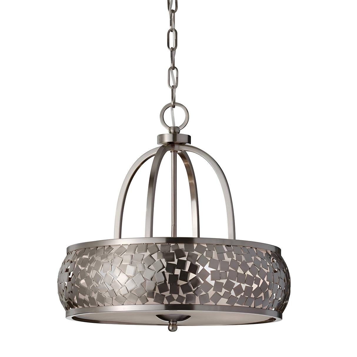 The Zara 4 Light Chandelier - Brushed Steel features a modern pendant design with mosaic-patterned glass panels surrounding the bulb. It hangs elegantly from a chain, combining contemporary elegance with modern flair.