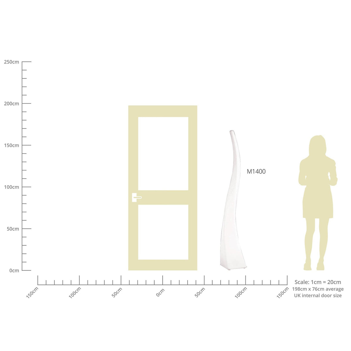 A scale chart compares a door, a human silhouette, and the Flame 5 Light Outdoor Floor Lamp - Opal White for size. The modern lamp stands beside them with a vertical scale from 0cm to 250cm and a scale note in the bottom right corner.