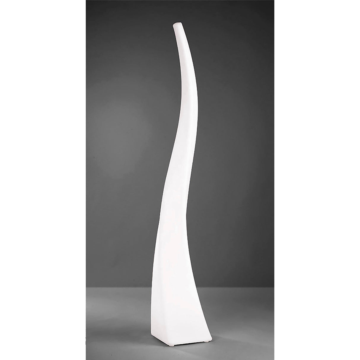 The Flame 5 Light Outdoor Floor Lamp in opal white features a tall, modern, curved design resembling an abstract sculpture. Weather-resistant, it’s perfect for stylish outdoor spaces and stands out against a gray background.