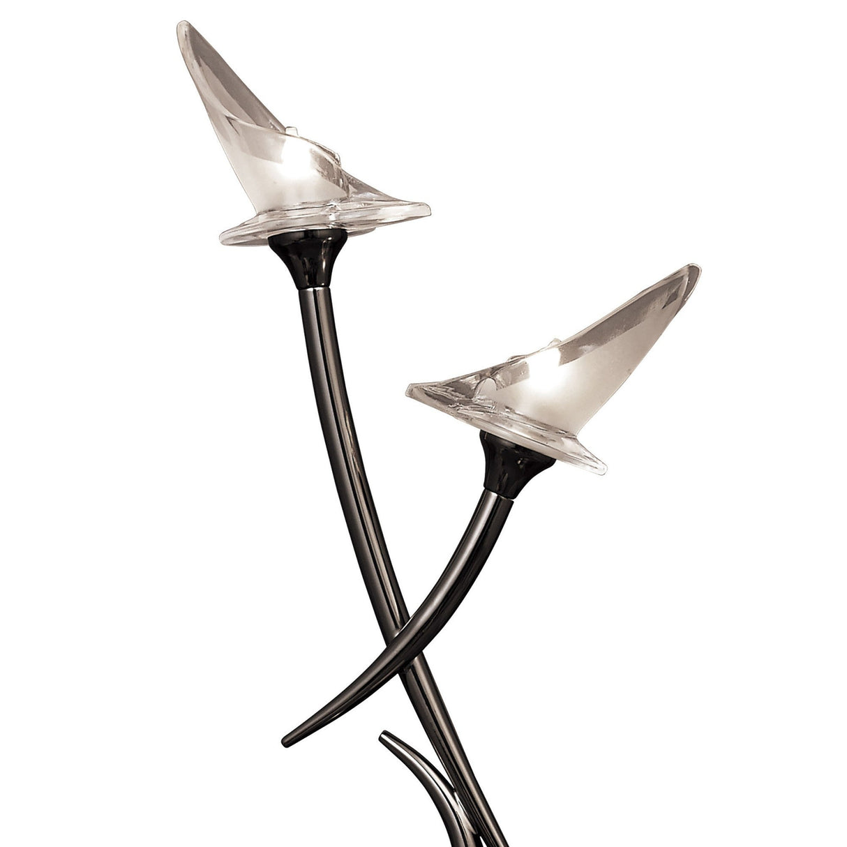 Two modern floor lamps feature curved black stems and clear, petal-like glass shades, complementing the Flavia 2 Light Table Lamp in Black Chrome—ideal accents for any contemporary space.