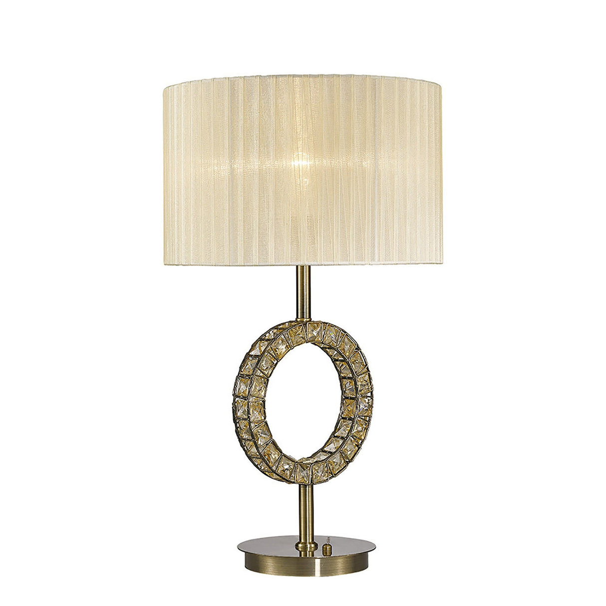 The Florence Round 1 Light Crystal Table Lamp features an antique brass base, a decorative circular ring with sparkling crystal accents, and a round cream fabric shade.