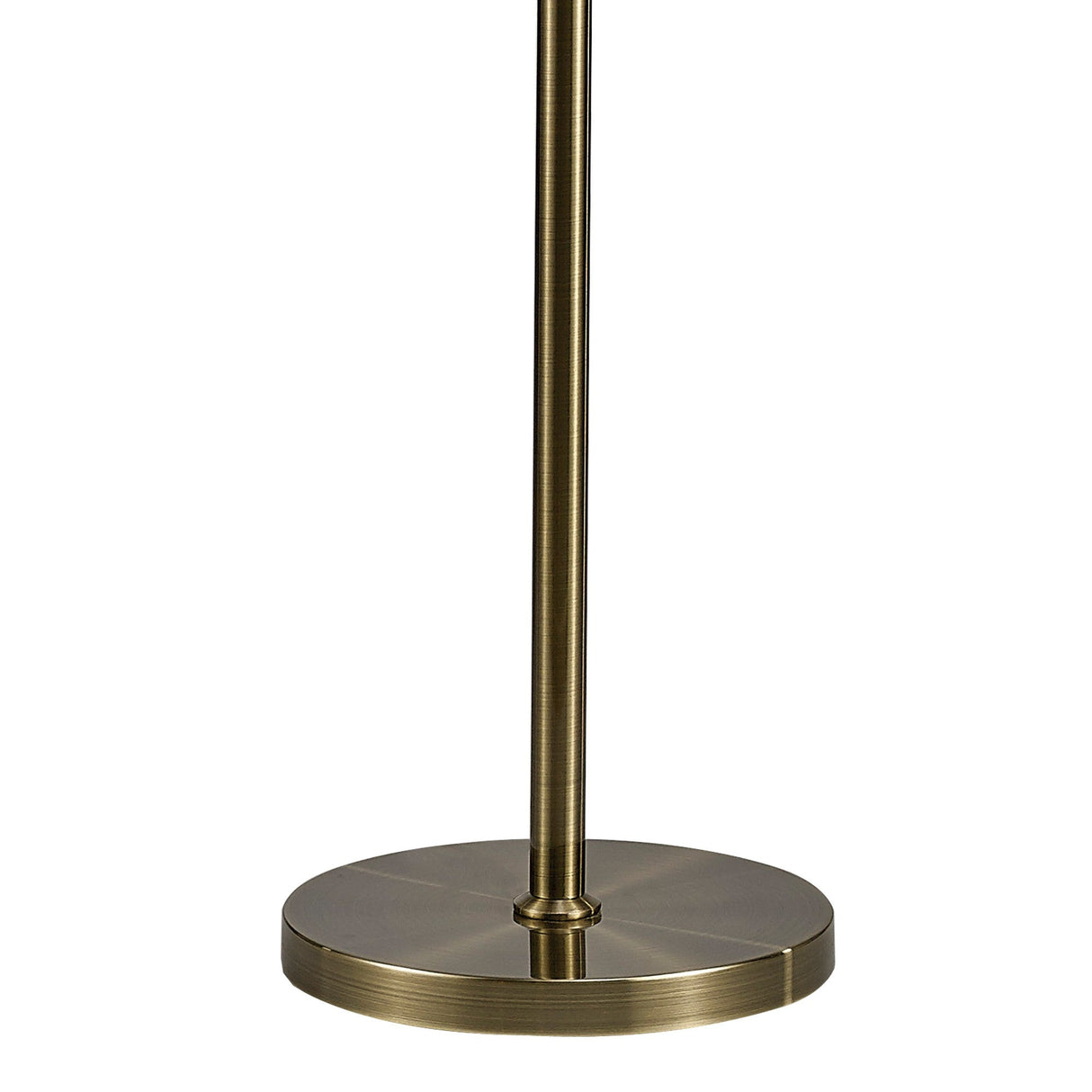 A close-up of the base and lower pole of the Florence Round 1 Light Crystal Floor Lamp in brass, showcasing its round, flat base with a brushed metallic finish.