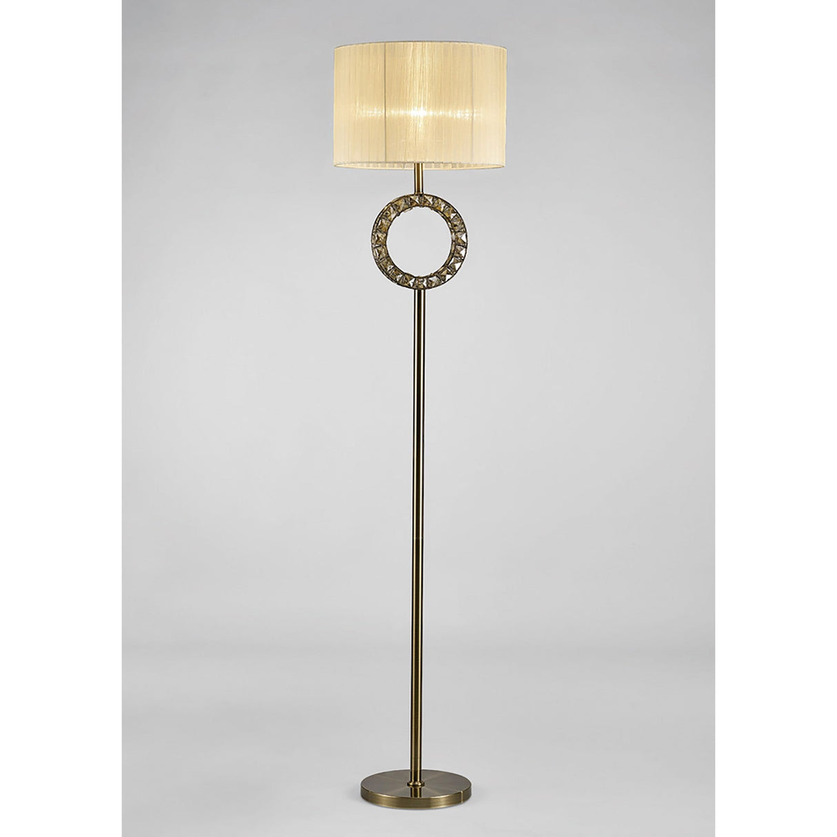 The Florence Round 1 Light Crystal Floor Lamp features a brass stand, circular base, cream cylindrical shade, and decorative crystal ring near the top, shown against a plain light gray background.