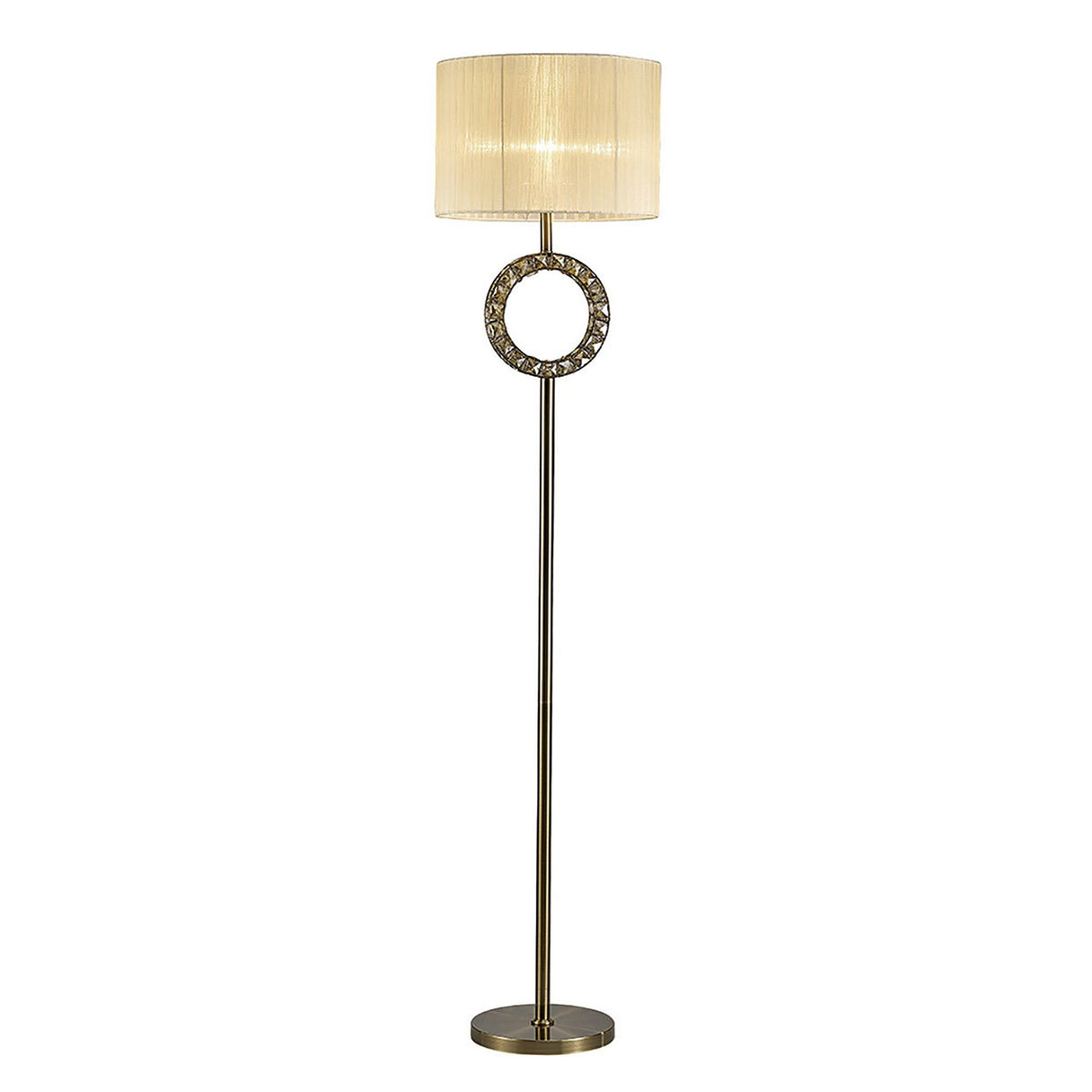 The Florence Round 1 Light Crystal Floor Lamp features a brass finish, round base, slim stand with a crystal accent, and a cream fabric drum shade.