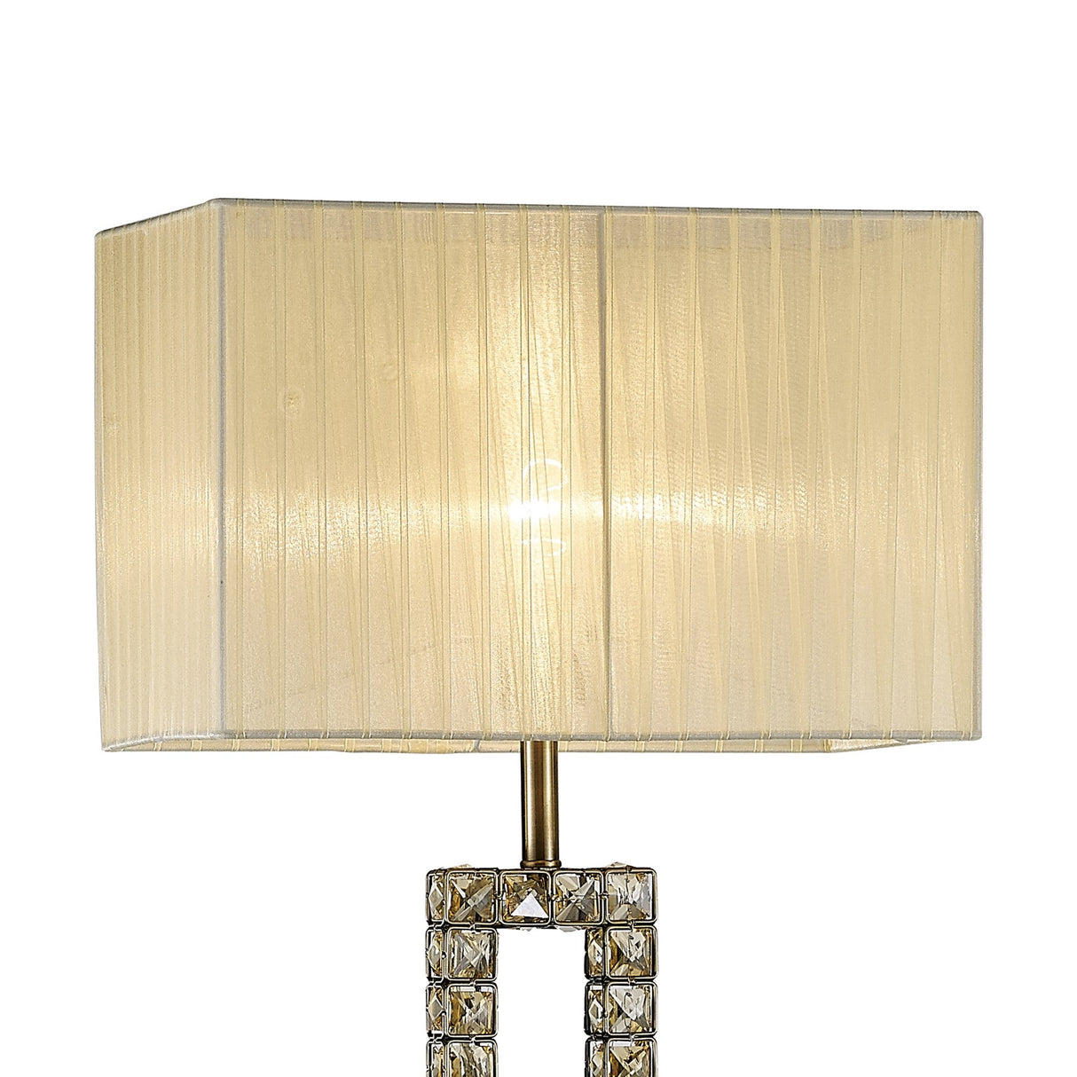 A close-up of the Florence Rectangle 1 Light Crystal Floor Lamp, featuring a brass stem with stacked glass squares and a rectangular cream pleated shade.