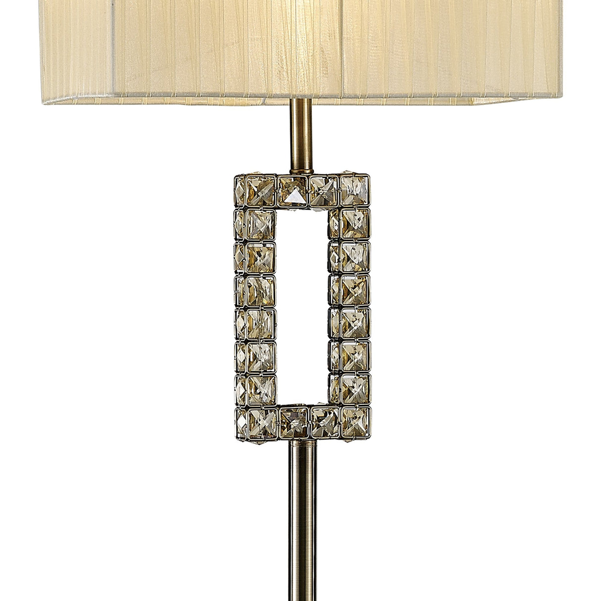 Close-up of the Florence Rectangle 1 Light Crystal Floor Lamp, featuring a brass pole, rectangular crystal elements below the cream pleated shade.