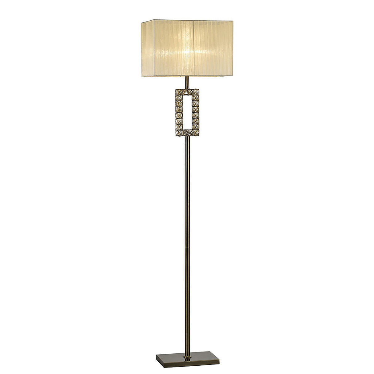 The Florence Rectangle 1 Light Crystal Floor Lamp features a brass slim metal stand, a decorative geometric section with crystal accents near the top, and a modern cream rectangular shade. It is dimmable for customizable lighting.