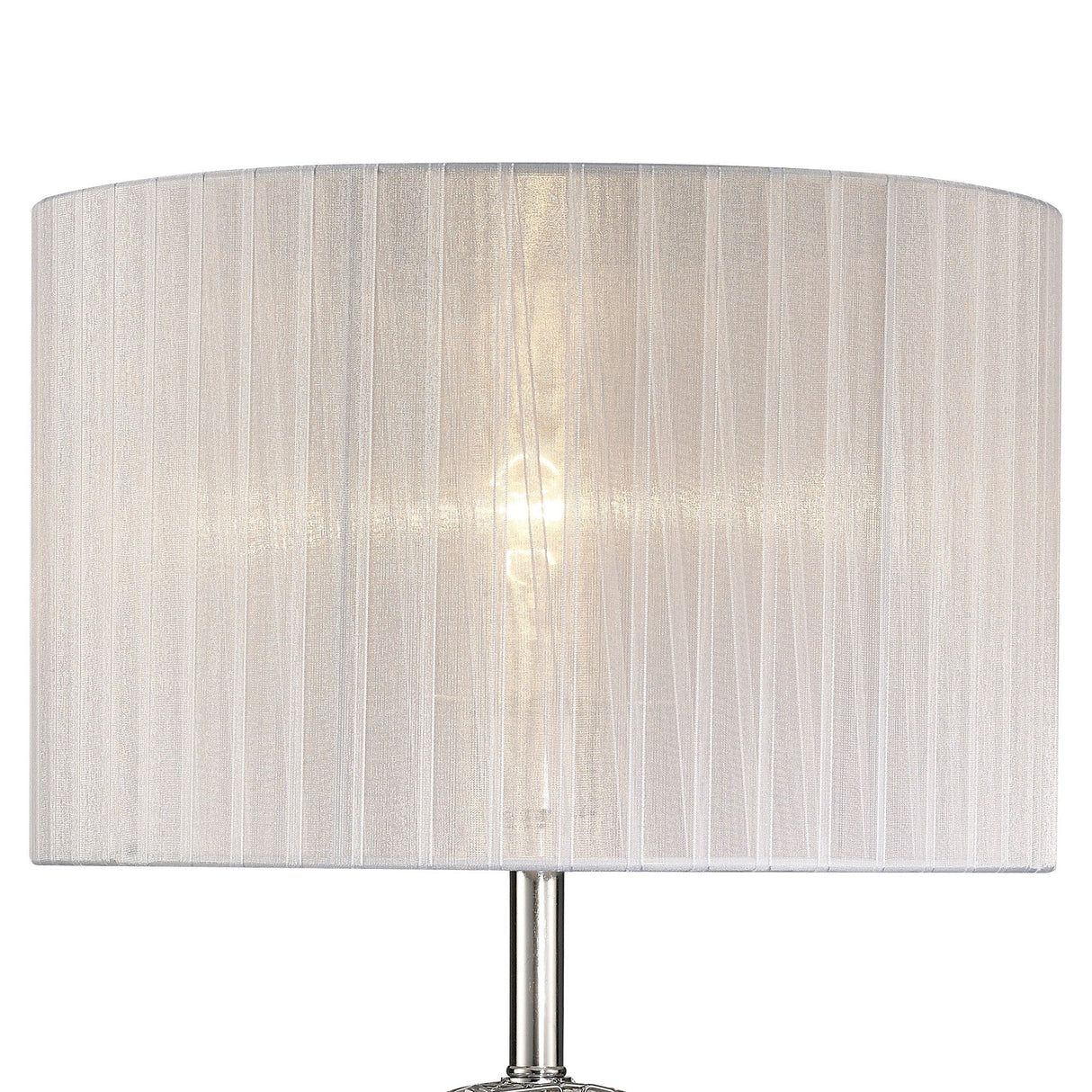 A close-up of the Florence Round 1 Light Crystal Table Lamp in chrome with a white shade, featuring a cylindrical fabric lampshade and metallic base, set against a plain white background.