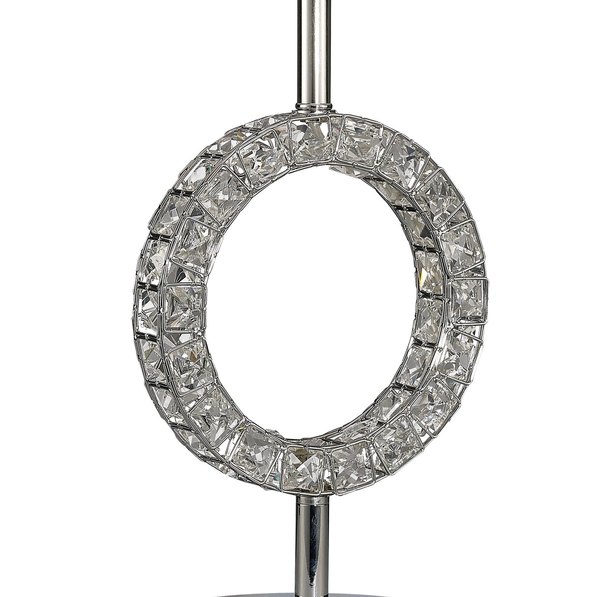 The Florence Round 1 Light Crystal Table Lamp features clear, faceted crystals set in a chrome frame with a white shade, adding sparkling elegance and modern style to any room.