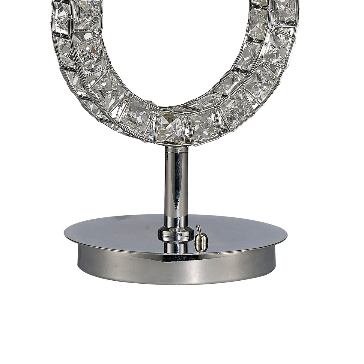 The Florence Round 1 Light Crystal Table Lamp features a chrome base with clear, square-cut crystals, a round structure, and a toggle switch, topped with a white shade.