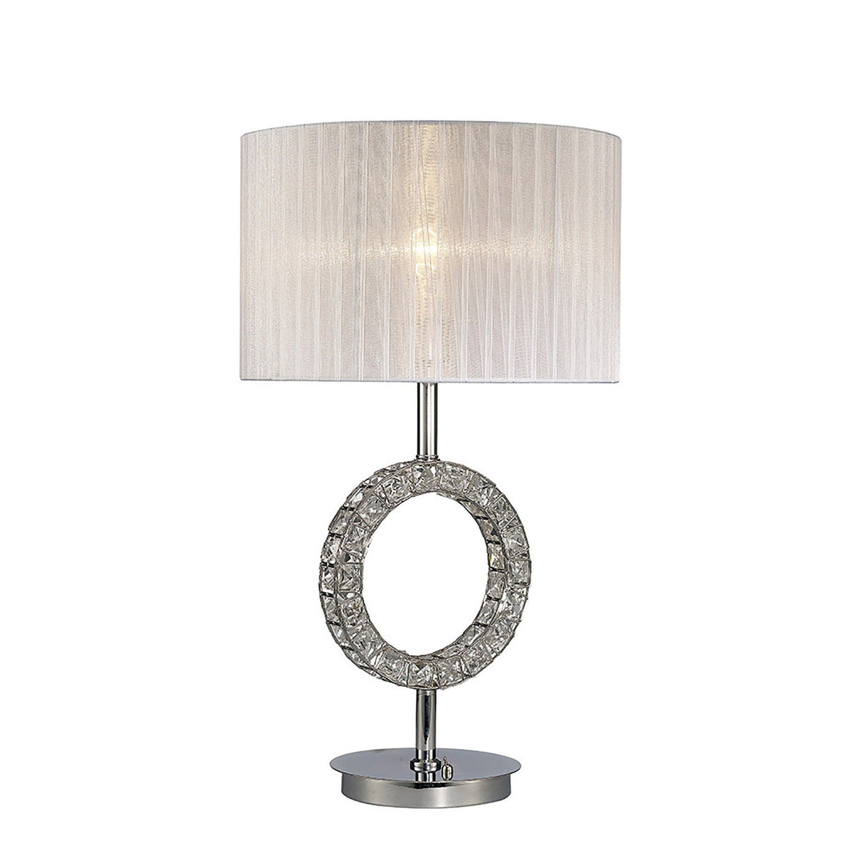 The Florence Round 1 Light Crystal Table Lamp features a modern chrome finish, a decorative textured ring on its circular base, and is topped with a white cylindrical shade for softly diffused light.
