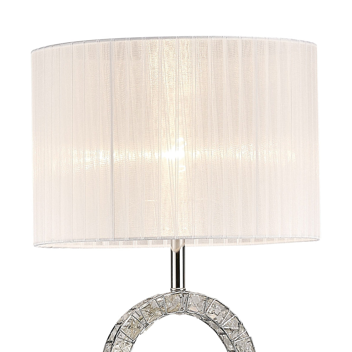 The Florence Round 1 Light Crystal Floor Lamp features a chrome base with a textured circular design and a pleated white shade. When illuminated, it brings subtle elegance to contemporary interiors.