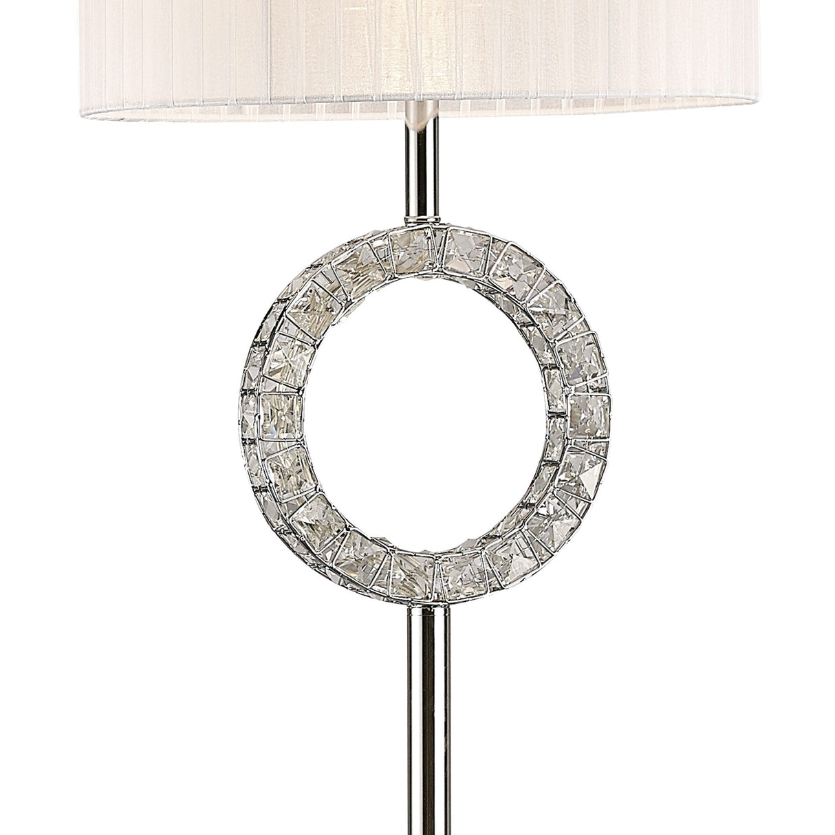The Florence Round 1 Light Crystal Floor Lamp features a chrome stand, a white round shade, and a decorative circular crystal accent—ideal for modern interiors.