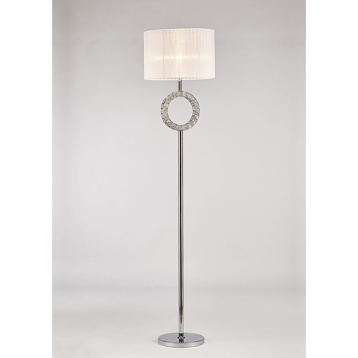 The Florence Round 1 Light Crystal Floor Lamp features a chrome stand, circular base, decorative crystal ring, and a white cylindrical shade—an ideal dimmable lighting option for modern interiors.