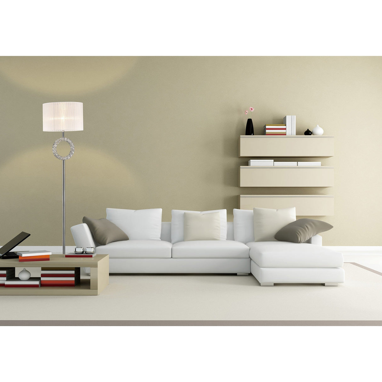 A modern living room with a white sectional, neutral cushions, the Florence Round 1 Light Crystal Floor Lamp (chrome & white shade), a low coffee table with books, and floating shelves on a beige wall—minimal and contemporary.