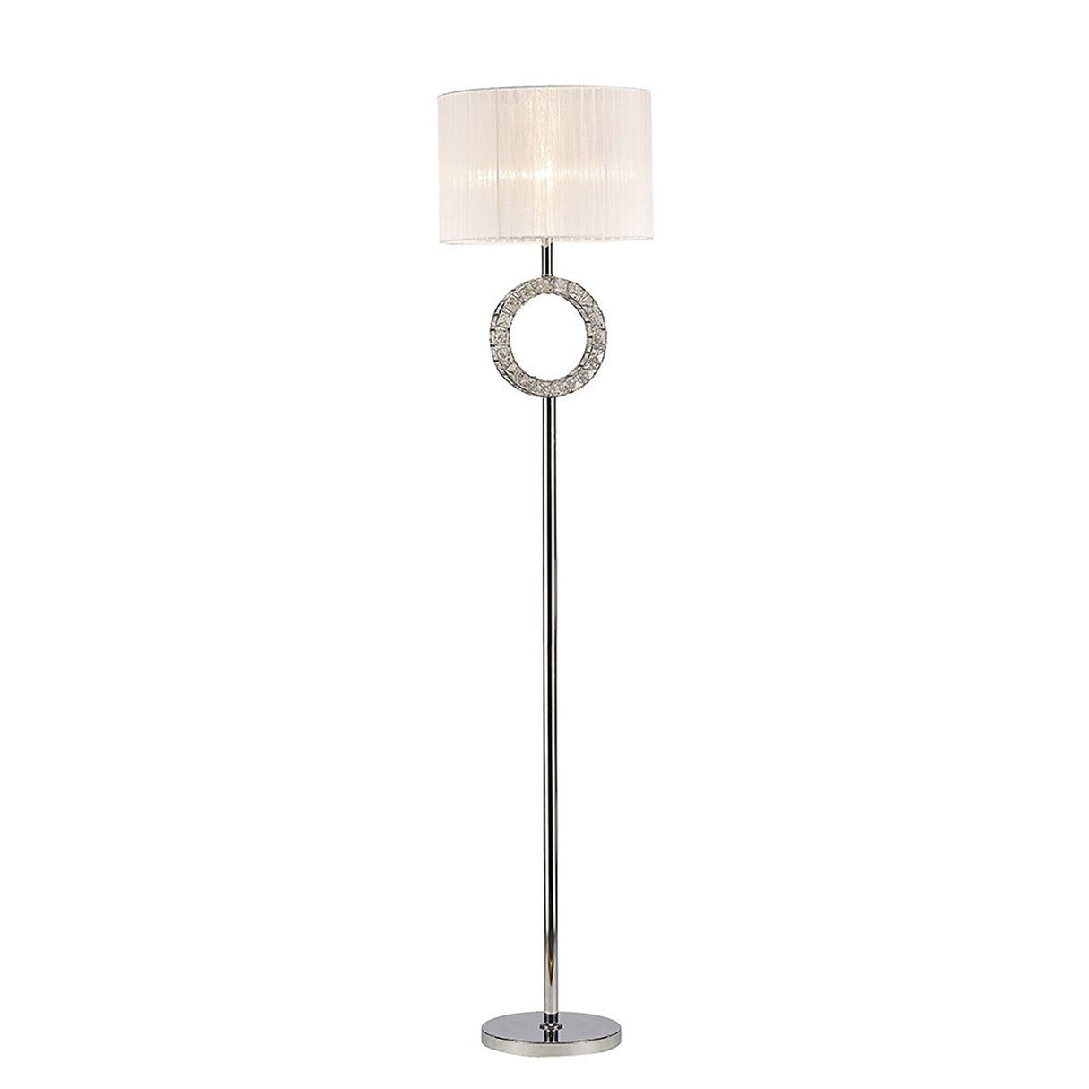 The Florence Round 1 Light Crystal Floor Lamp features a round silver base, slim chrome pole, decorative crystal ring, and a white drum shade—ideal for contemporary interiors.
