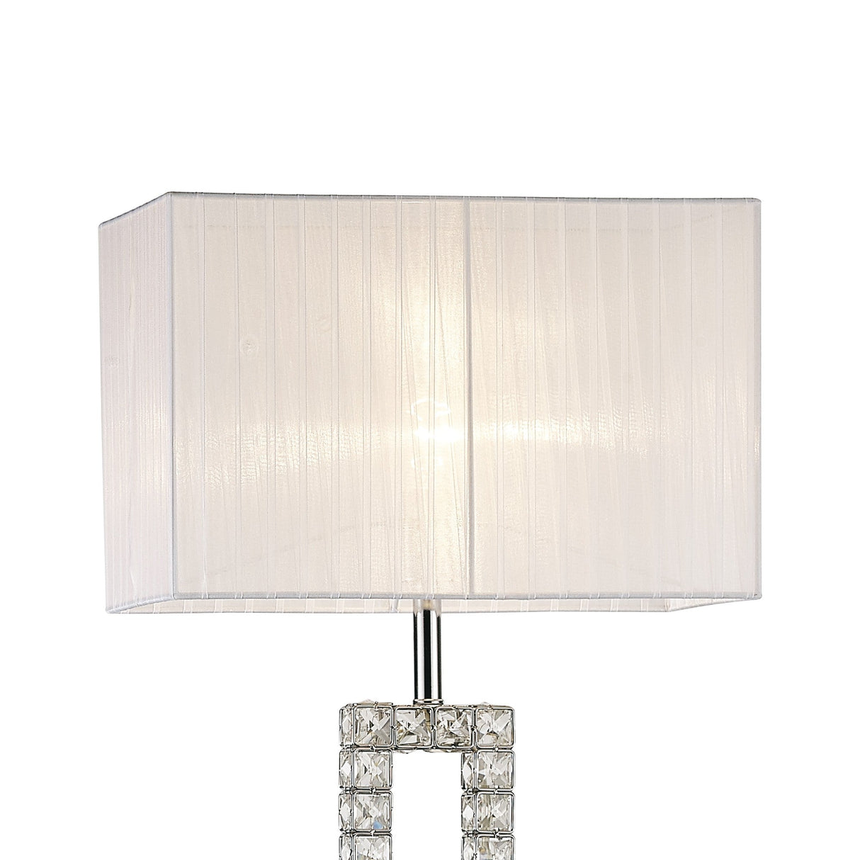 The Florence Rectangle 1 Light Crystal Floor Lamp features a chrome base with clear, square crystal accents and a rectangular white fabric shade, shown illuminated against a white background.