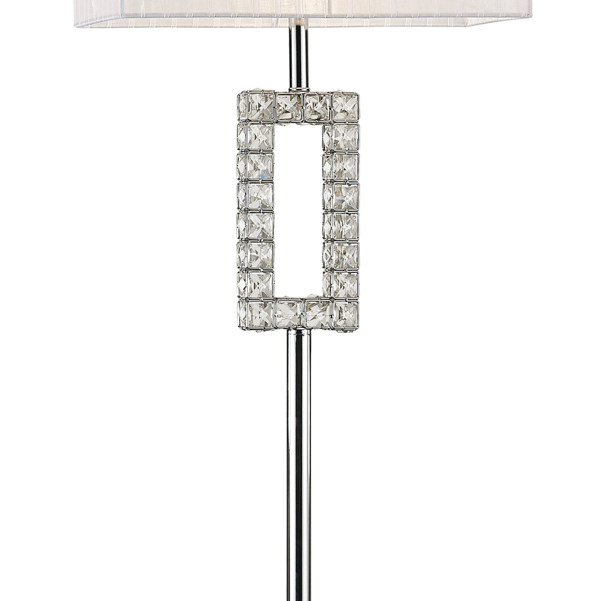 The Florence Rectangle 1 Light Crystal Floor Lamp features a chrome pole framed by clear crystals and is topped with a white fabric shade for a modern look.