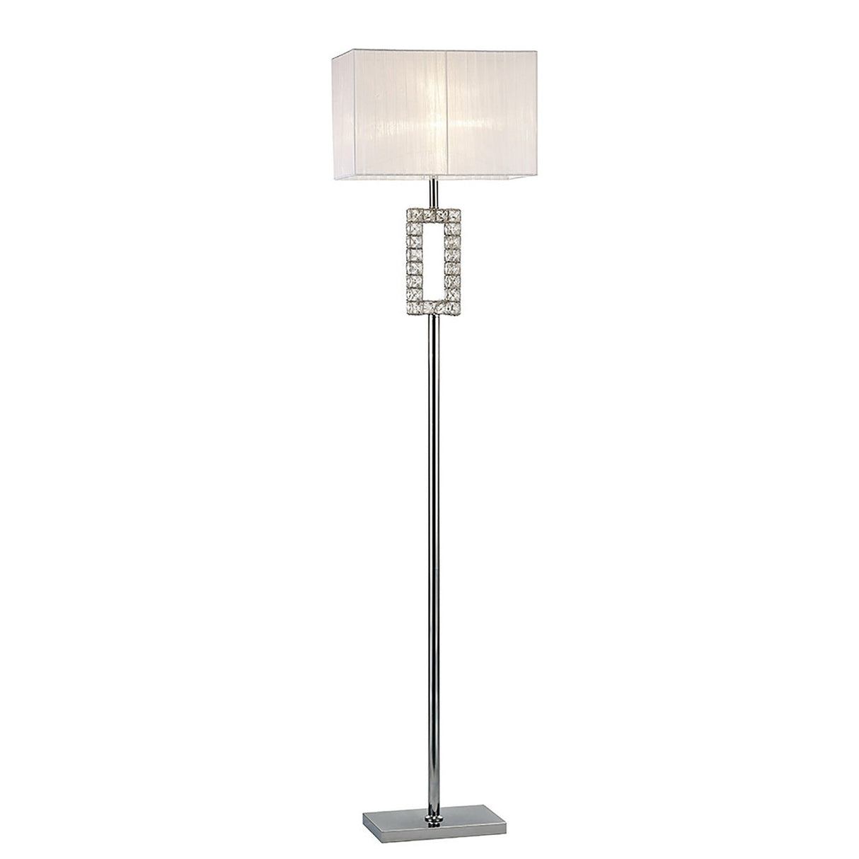 The Florence Rectangle 1 Light Crystal Floor Lamp features a slim chrome stand, flat square base, white rectangular shade, and a geometric crystal accent near the top. It offers modern style with dimmable lighting functionality.