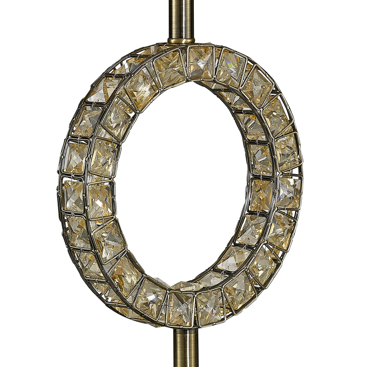 The Florence Round 1 Light Crystal Table Lamp in brass features a circular metal ring with square, faceted clear and golden crystals set vertically, creating an elegant geometric pattern. Comes with a soft bronze shade.