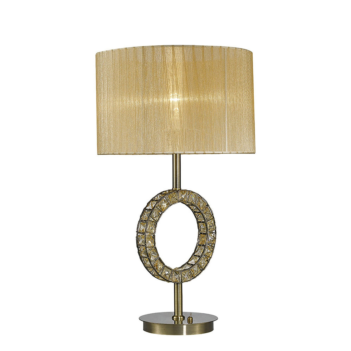 The Florence Round 1 Light Crystal Table Lamp features a brass base with a gold ring design and is topped with a soft bronze pleated shade, adding elegant, modern style as a chic accent to any room.