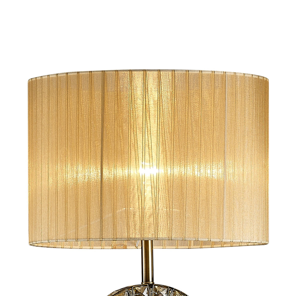 A close-up of the Florence Round 1 Light Crystal Floor Lamp—brass base with a bronze cylindrical shade—showing vertical pleats softly glowing in the light.