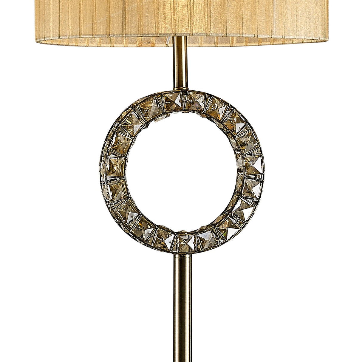 The Florence Round 1 Light Crystal Floor Lamp features a dimmable brass stand with a decorative circular crystal accent and a bronze pleated lampshade.
