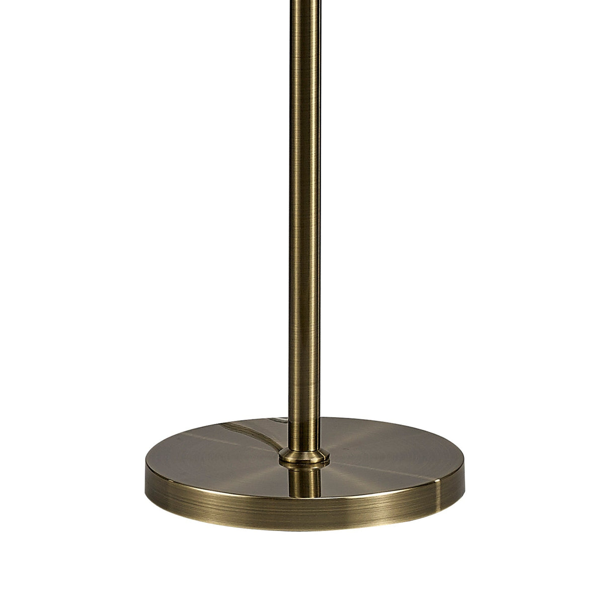 A close-up of the Florence Round 1 Light Crystal Floor Lamp's base shows its round, brushed brass surface and central vertical pole, topped with a bronze shade.