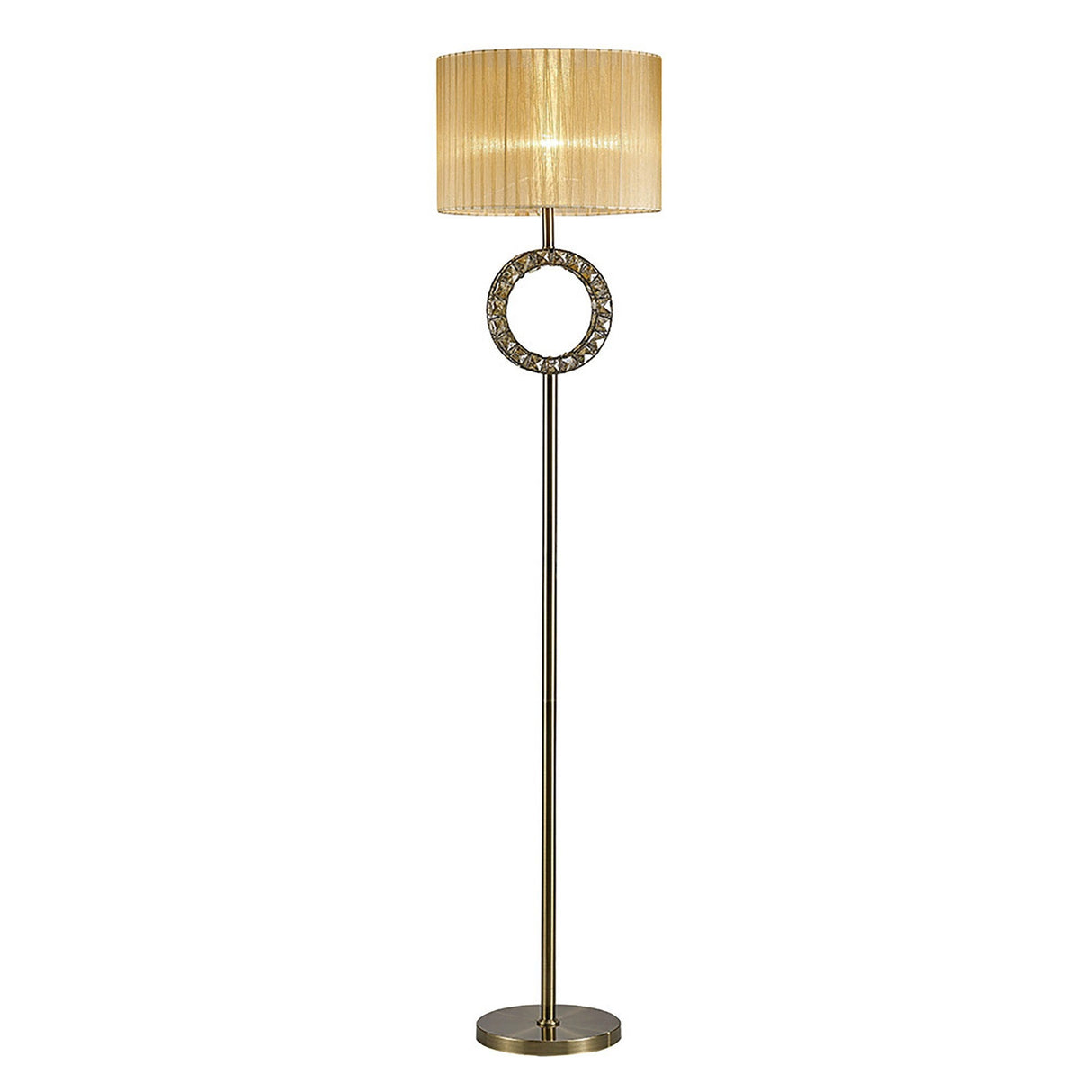 The Florence Round 1 Light Crystal Floor Lamp features a tall, slender brass stand, a decorative circular accent below the bronze shade, and a round base.